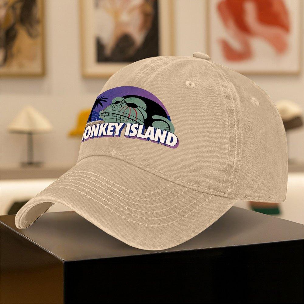 Monkey Island Print Baseball Cap for Unisex Women Vintage Duckbill Cap for Outings Camping Cycling Fitness