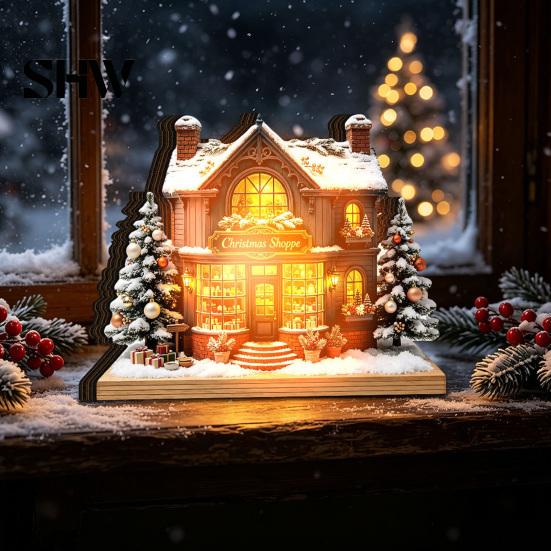 Durable Decorative Accents Christmas Glowing House Ornament, LED Wooden Tabletop Decor for DIY Craft Ornaments Holiday Village Display, Light Up Party