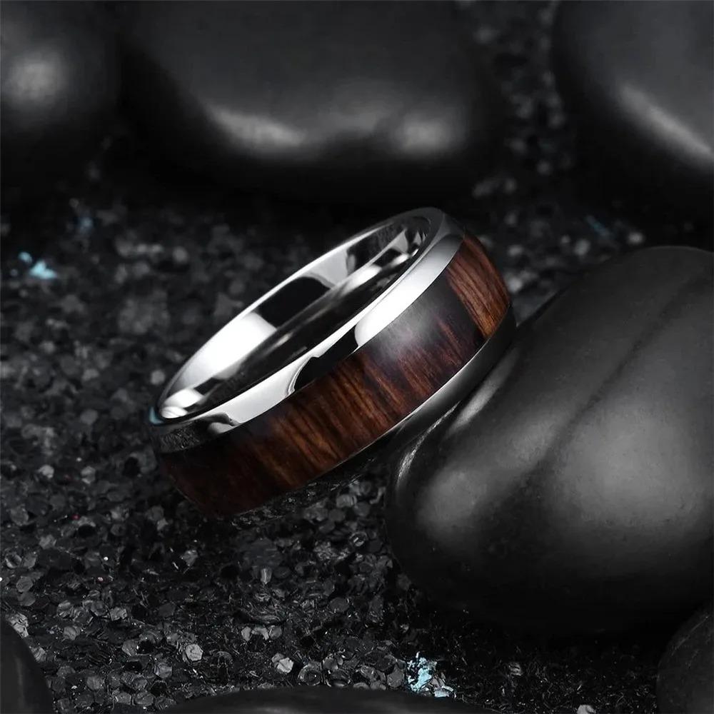 Fashion 8MM Copper Color Stainless Steel Rings For Men Women Domed Koa Wood Inlay Promise Rings Wedding Engagement Jewelry Gift