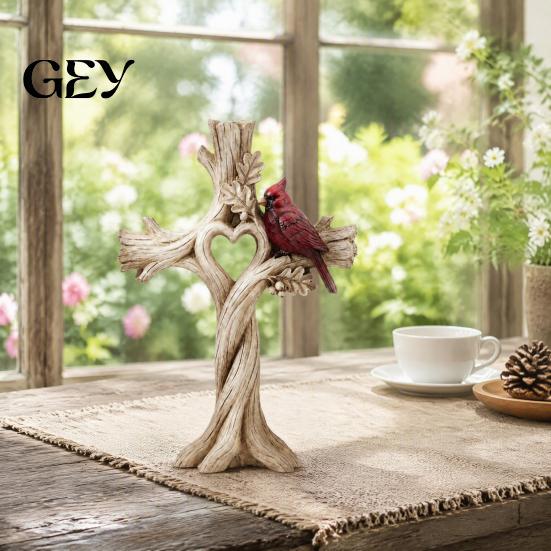 Nature Inspired Home Accents Red Bird Heart Tree Ornament, Memorial Resin Figurine, Rustic Statue for Living Room Carved Wood Look Spiritual