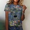Модная круглая горловина, короткий рукав, топ с рисунком кота