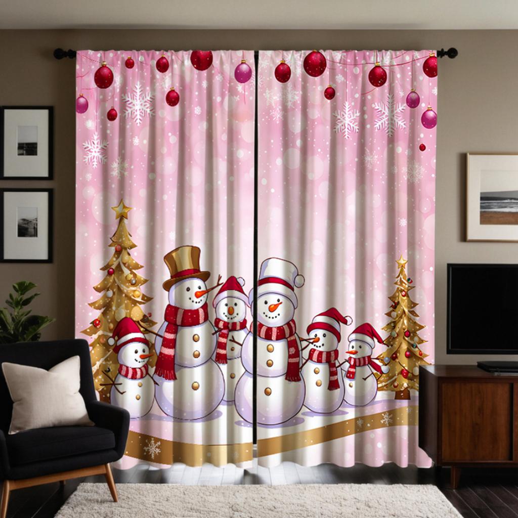 2pcs Set HD Christmas Six Snow Man Decorative Curtains Pink Tie Digital Printed Curtains Home Decoration Style Decorated Livi