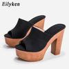Fashion Wood Grain High Heels New Women Slippers Summer Roman Peep Toe Platform Casual Ladies Shoes Sandals