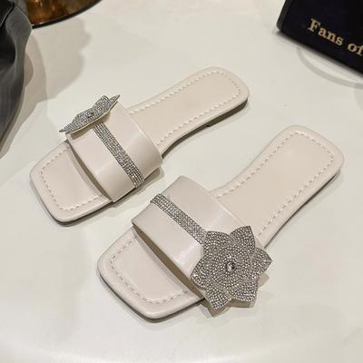 Женские тапочки с хрустальным цветком, летние роскошные сандалии на плоской подошве, дизайнерские туфли с квадратным носком, шлепанцы с открытой пяткой, женские шлепанцы