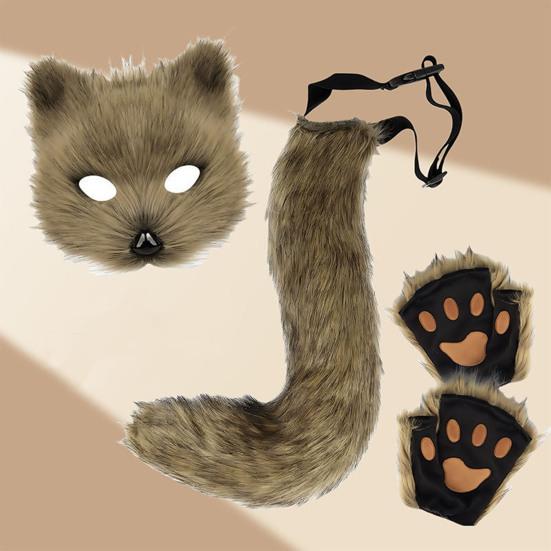 Furry Therian Costume Set for Girls Women Faux Fur Tail Plush Masque Fluffy Paw Gloves Set Fox Cat Wolf Animal Cosplay Accessories for Halloween