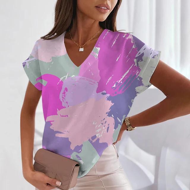 Летние женские футболки с геометрическим узором и V-образным вырезом, сексуальные топы с коротким рукавом, модная футболка с принтом, футболка Harajuku, женская одежда больших размеров