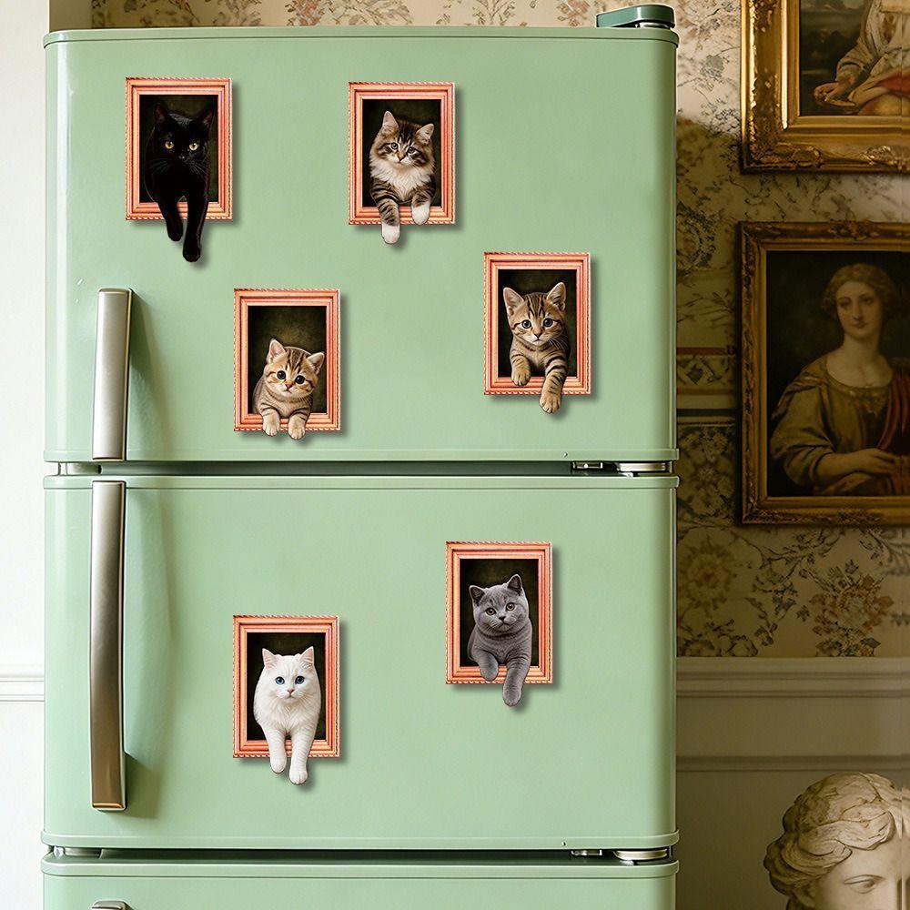 Oil Painting Style Wooden Frame Fridge Magnets 3D Wacky Cat Refrigerator Magnets Home Decoration