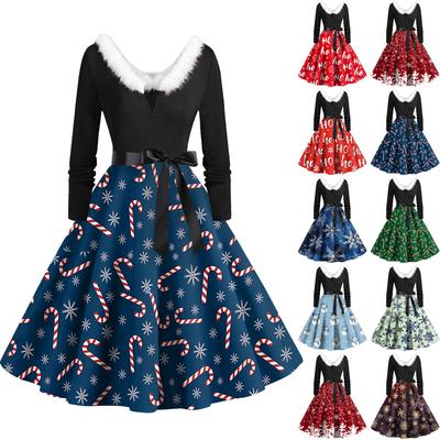 Рождественский принт расклешенное платье для женщин платье с длинным рукавом полые вечерние повседневные платья