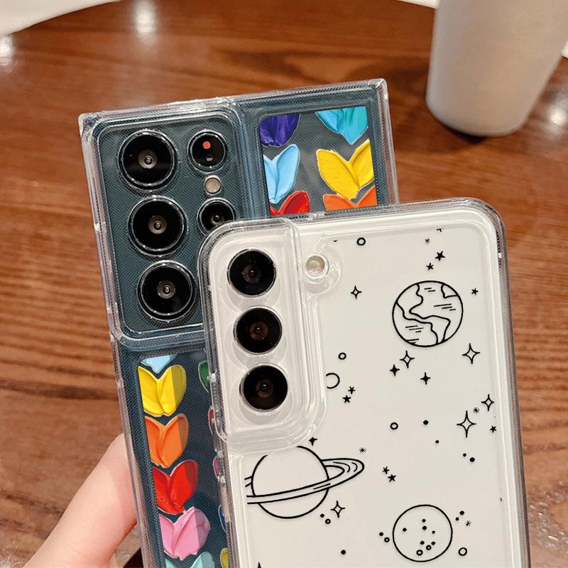 Модный прозрачный чехол для телефона с сердечками и цветочным принтом для Samsung S24 S23 Ultra S22 S21 FE A15 A35 A55 A33 A54 A53 A25, противоударный прозрачный мягкий силиконовый чехол