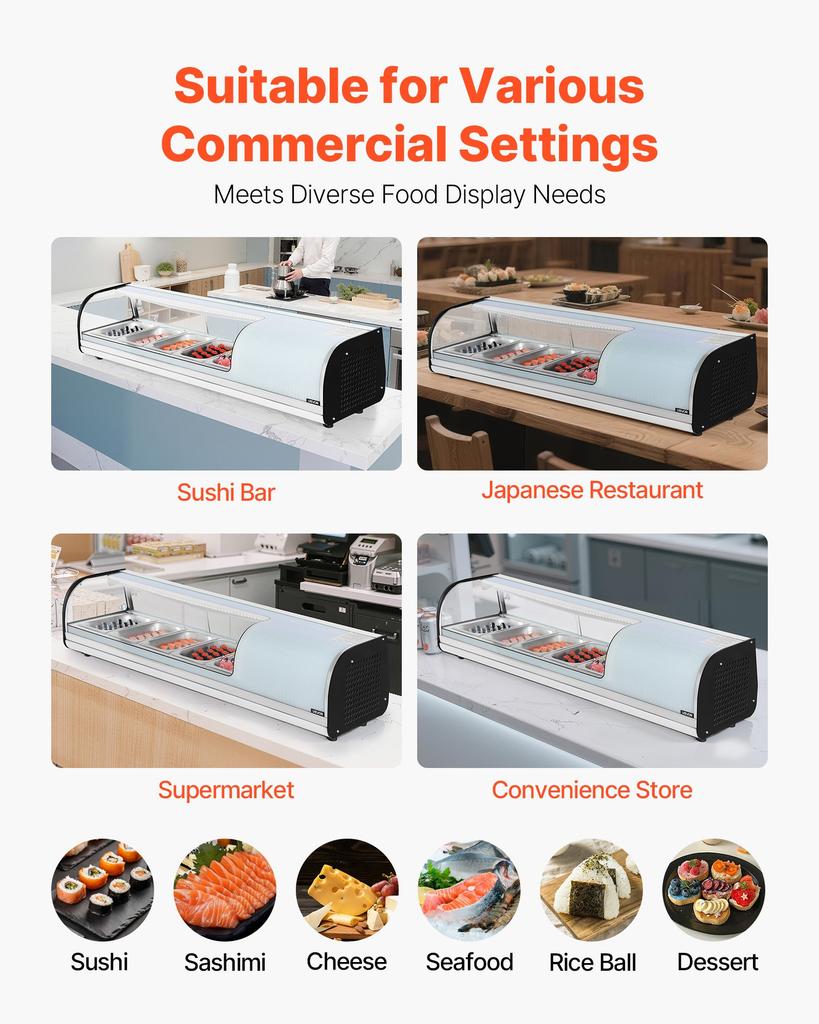VEVOR Sushi Display Case Refrigerator, 52L Commercial Sushi Case, 5-Pan Countertop Showcase with Curved Glass, LED Lighting