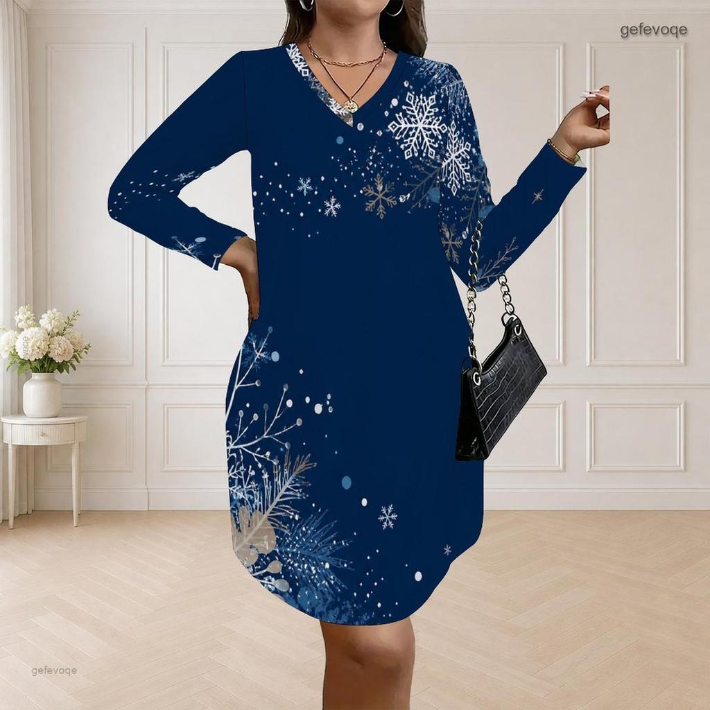 Women Plus Size V Neck Long Sleeve Navy Blue Snowflake Printed Loose Curved Hem Dress
