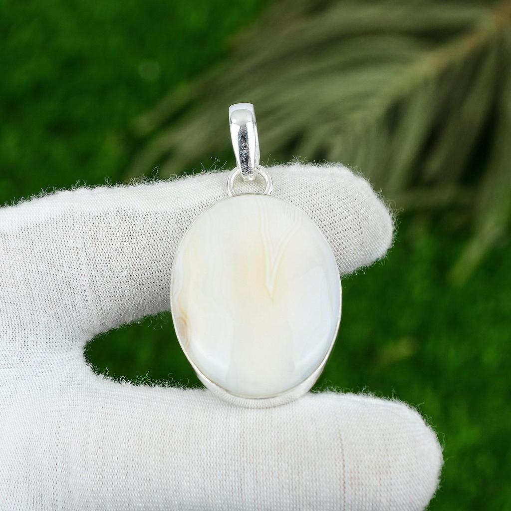 Oval Botswana Agate Gemstone 925 Silver Wedding Wife Bezel Boho Pendant Jewelry