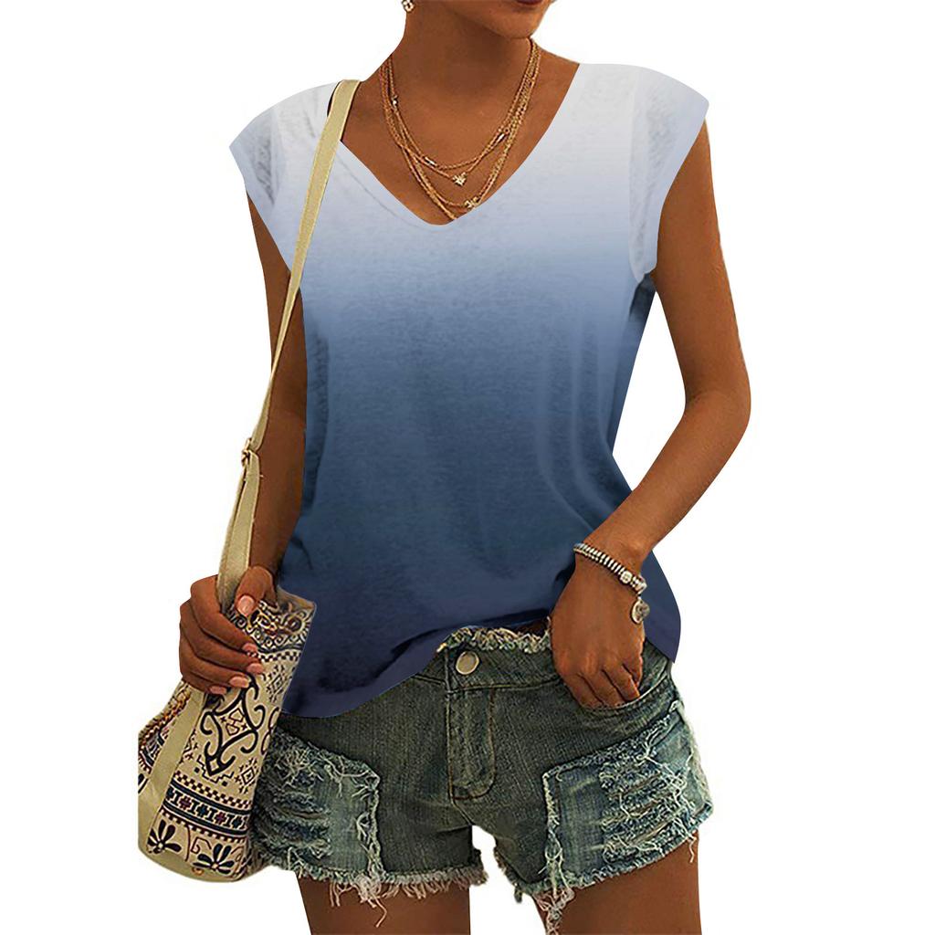 Женские модные повседневные топы с принтом, рубашки без рукавов, пуловеры с V-образным вырезом, футболки