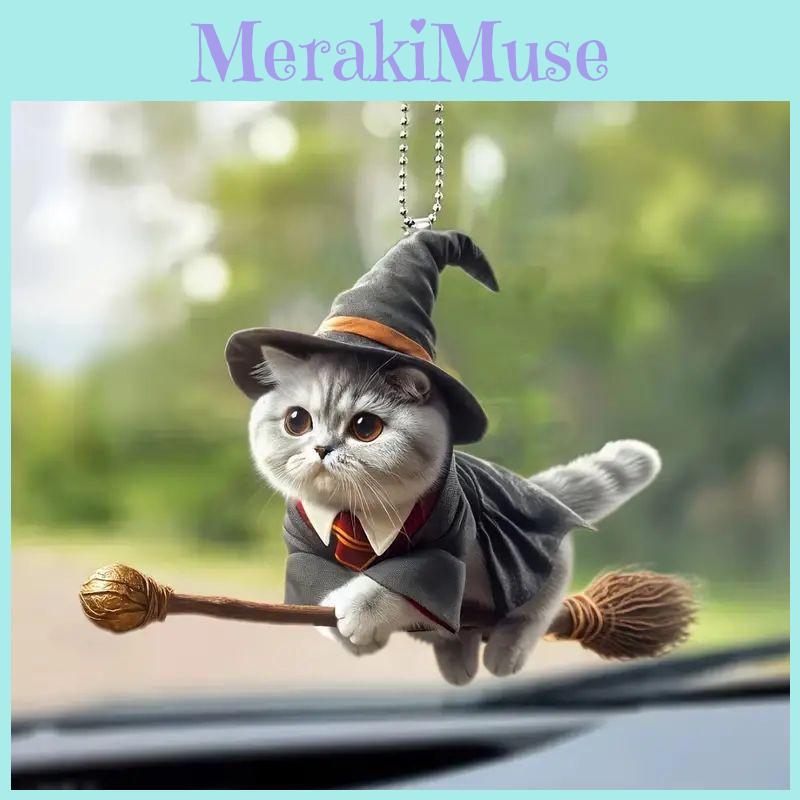 Minimalist Acrylic Flat Surface Car Charm With Magical Cat Riding Broom Design For Auto Interior Decoration