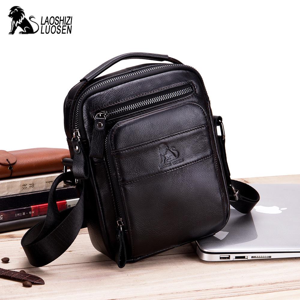 LAOSHIZI Genuine Cow Leather Messenger Bags Men Flap Casual Solid Handbags Shoulder Crossbody Bag Shoulder Bag