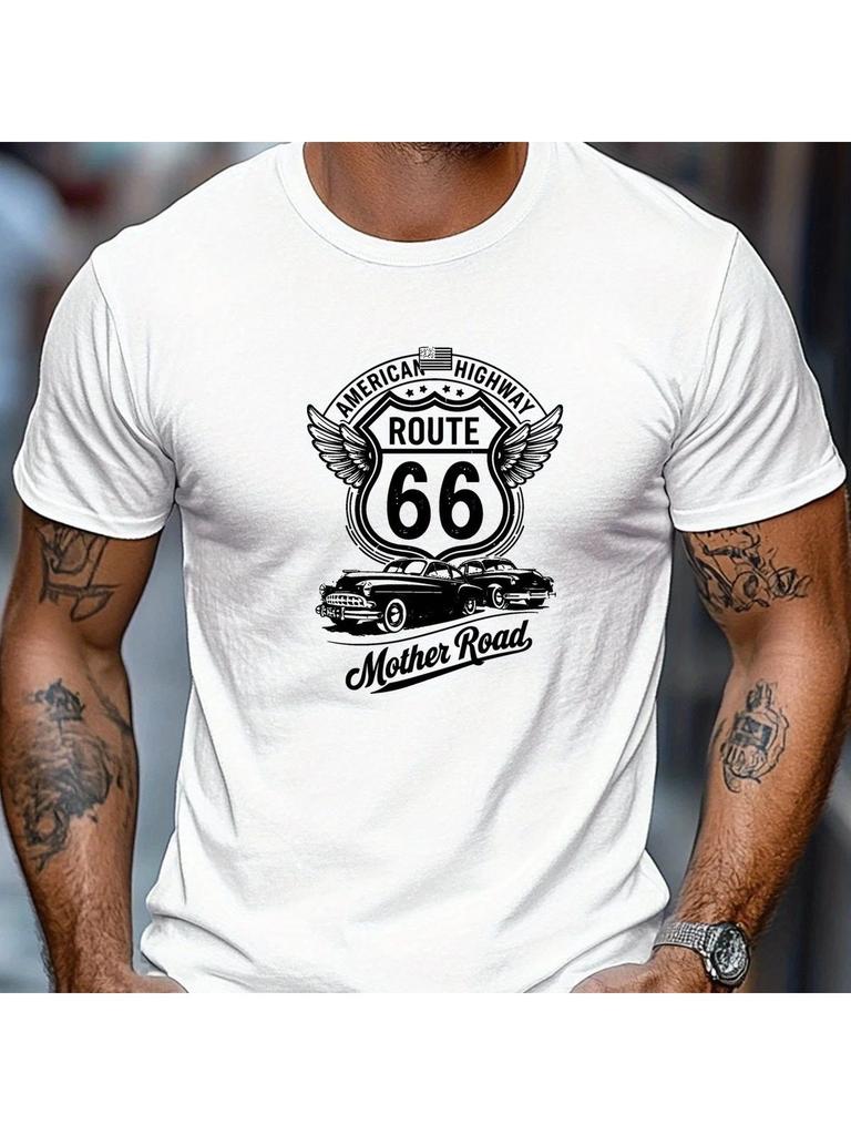 Ретро футболка с графикой Классический автомобиль Route 66 Винтажная футболка для дорожного путешествия по шоссе