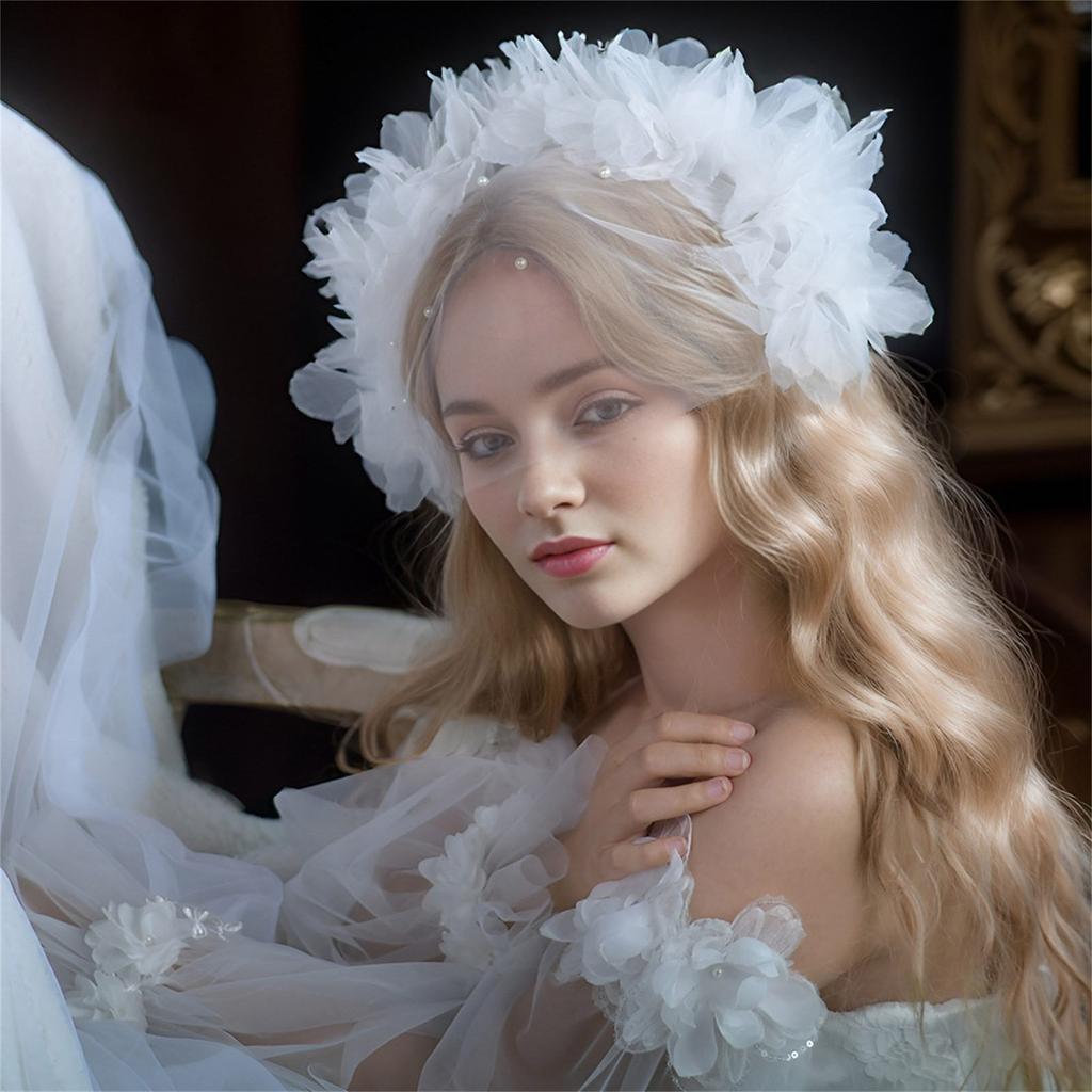 Bridal Veil Bride Elaborate Tulle Headband Pearls Flower Bachelorette Party Hen Party Bride Veil Hen Party Head Scarf