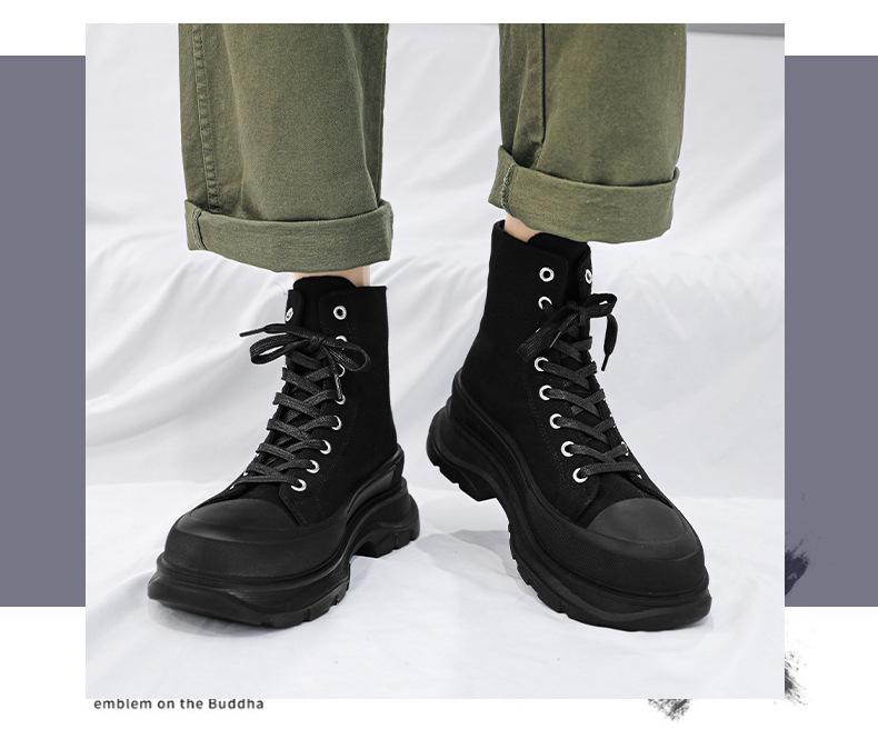 Men's Winter High-Top Canvas Shoes, Platform Height-Boosting, Hong Kong Style Casual Sneakers for Teens