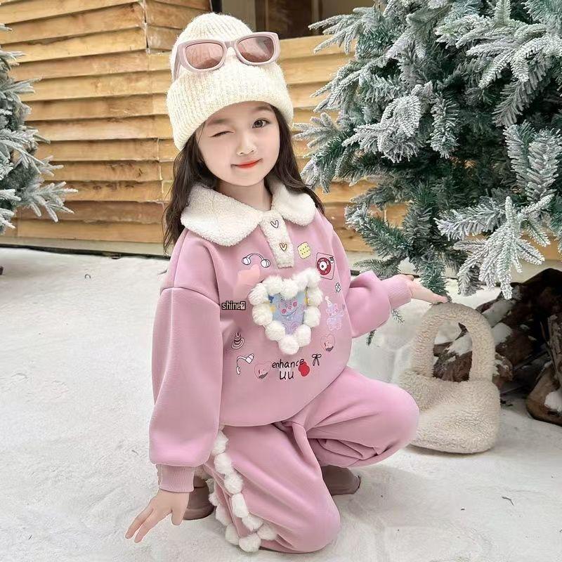 2024 Korean-Style Fleece-Lined Sweatshirt Set for Girls - Winter Fashion