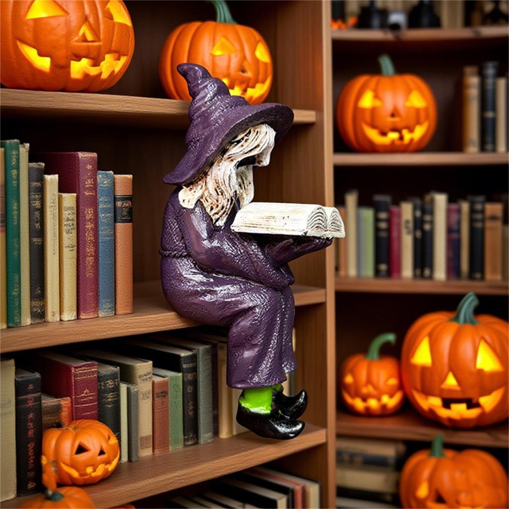 Halloween Witch Reading Book Resin Statue Ornaments, Handicraft Home Decoration Desktop Ornaments Gift