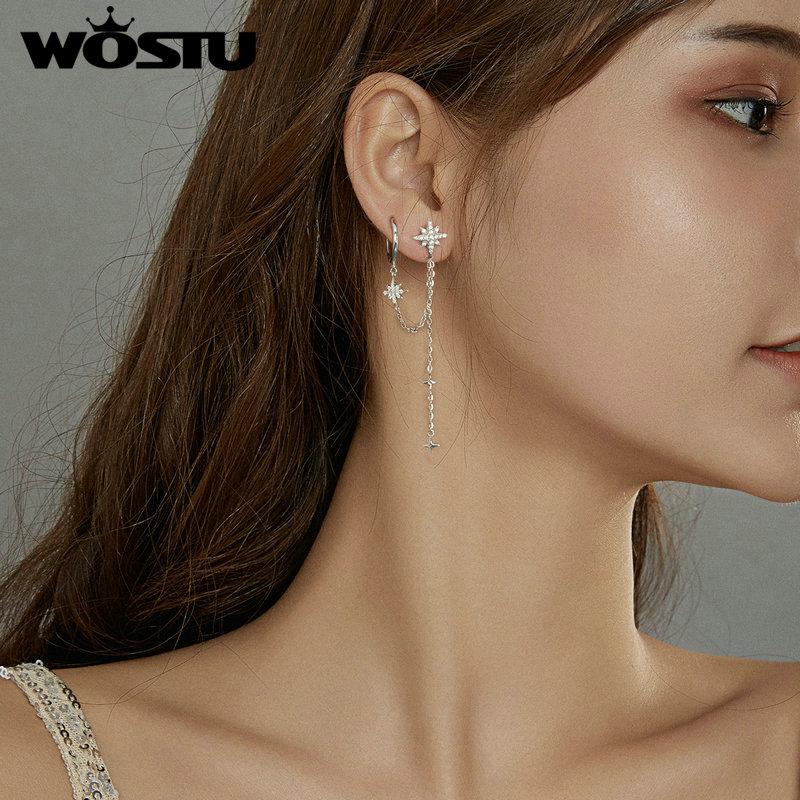 WOSTU Authentic 925 Sterling Silver Brand Design Simple Dreamy Shining Stars Stud Earring for Women Silver Jewelry Earring