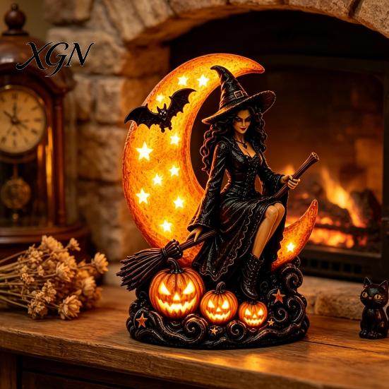 Dark Aesthetic Room Decor Halloween Witch on Crescent Moon Decorative Light, Gothic Detailed Fantasy Figurines Lamp, Resin Figurine for Home Tabletop