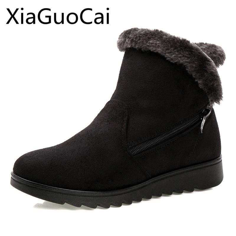 Winter Brand Mother Boots for Women Warm Fur Fashion Female Ankle Boots Suede Flat Zip Waterproof Boots
