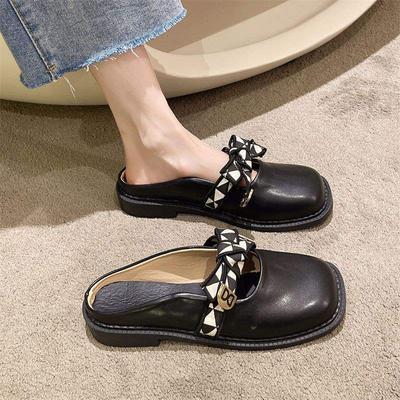 Ретро британский стиль туфли Мюли женские 2025 новые на плоской подошве универсальные милые с бантом темпераментные с закрытым носком полушлепанцы тренд