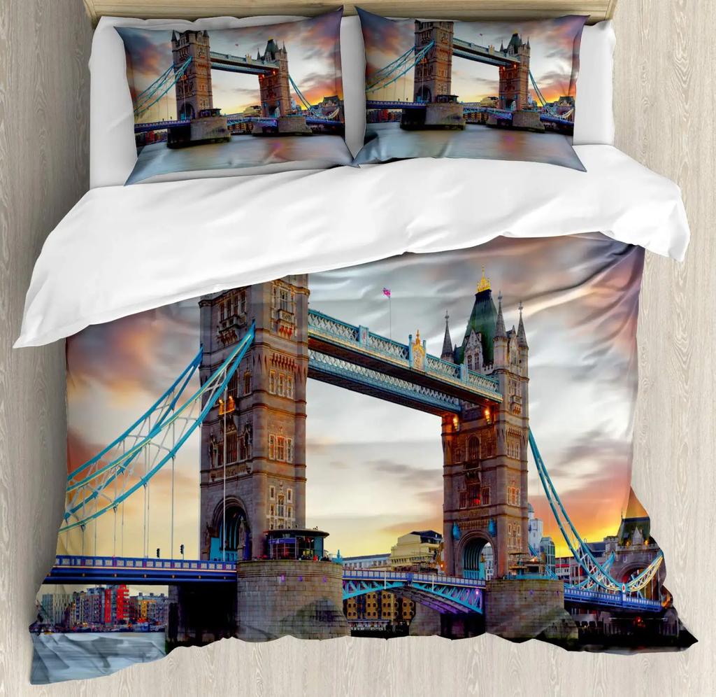 Лондонские Часы Трамваи Мосты Комплект Постельного Белья Лондон Комплект Пододеяльника Лондонская Телефонная Будка На Улице Традиционный Местный Культурный