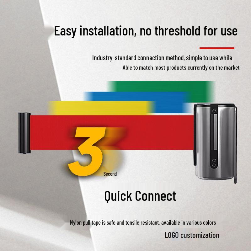 Wall-Mounted Stainless Steel Retractable Queue Barrier with Railing and Warning Tape