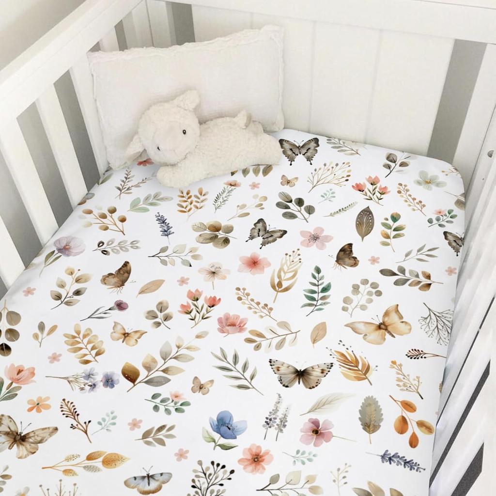 Ретро Бохо Цветочный Листья Бабочки Детская Простыня 52''x28'' Ботанический Сад Весна Эластичный Натяжной Наматрасник для Детской Кроватки для Мальчика Девочки Растения Мягкий