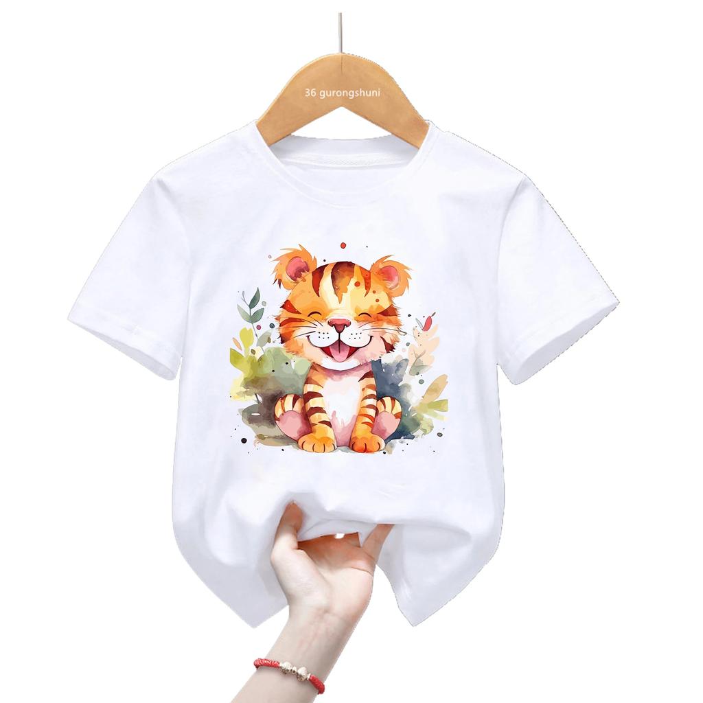 Kids Yellow Short Sleeve T Shirt Watercolor Floral Baby Tiger Cub Print Crew Neck Casual Summer Boys Girls Top