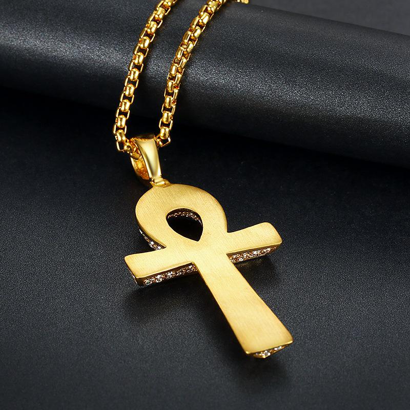 Gold Silver Color Micro Cubic Zirconia Anka Egyptian T Shaped Cross Pendant Fashion Iced Out Bling Key of Life Necklace Jewelry