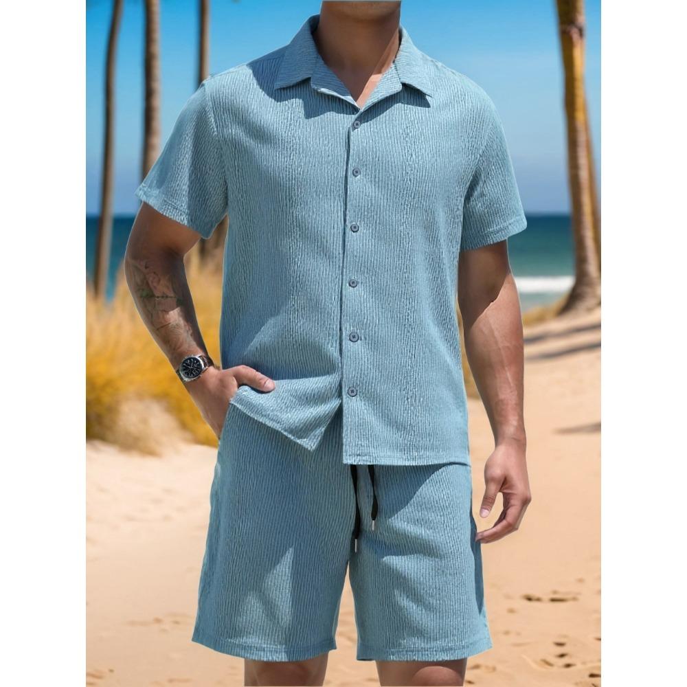 Men’s Shirt, Casual Loose-fit Short-sleeved Top and Shorts Beach Set