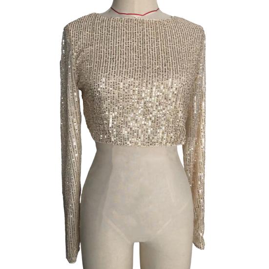 Women Crop Top Shiny Sequin O Neck Long Sleeves Waist-exposed Soft Pullover Stage Show Performance Club Party Lady Top