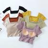 Summer Short with Chest Pad, One-piece Navel-bearing Square Neck Short-sleeved Cup, Women's Inner T-shirt