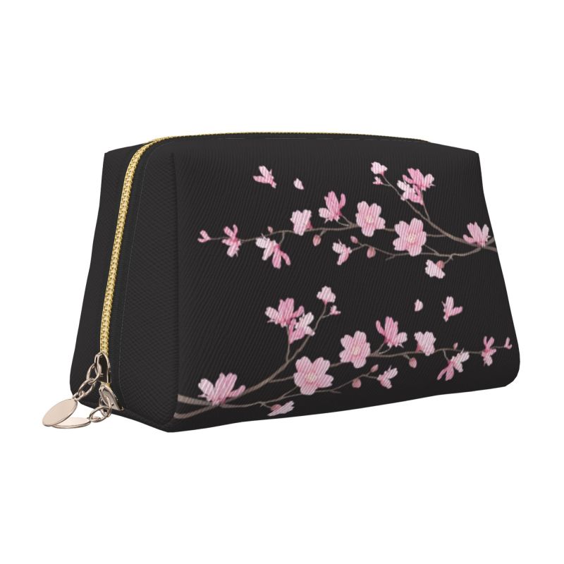 Japanese Sakura Cherry Blossom Leather Makeup Bag Women Foldable Waterproof Travel Storage Pouch Portable Toiletry Cosmetic Bag