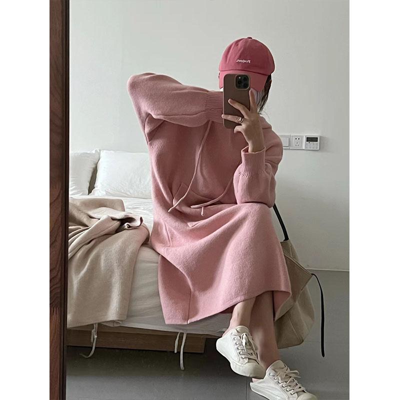Autumn and Winter Women's Sweatshirt Dress Mid-Length Hooded Knit Dresses Fashion Casual Sweatshirt Pockets French Plus Size Sweater Dresses