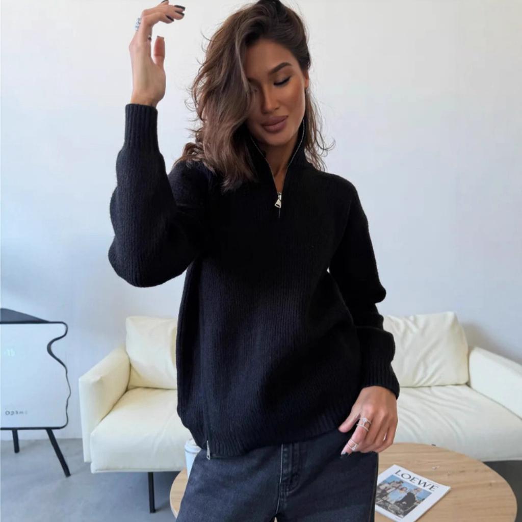 Autumn and winter new medium and long knitted sweater loose half zipper turtleneck sweater women