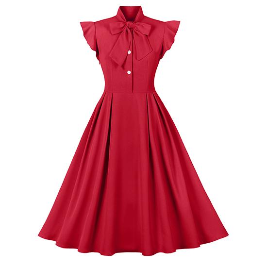Spring and Autumn European and American Fashion Women's Dress with Waist Strap and Lotus Leaf Sleeves, Large Swing Retro Dress