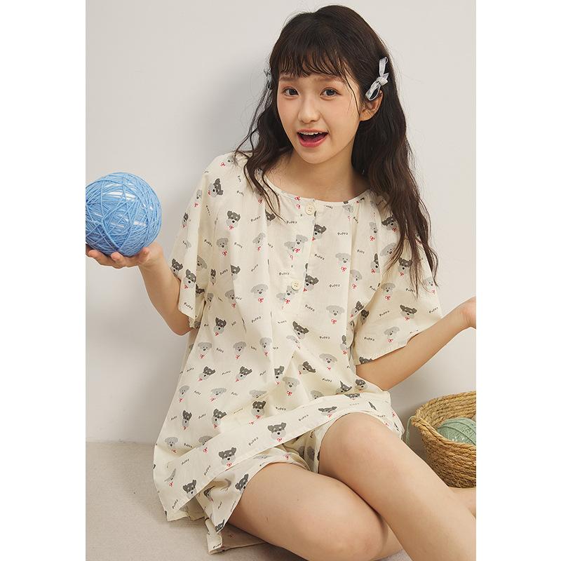 Jiangnan He 11-year summer pure cotton cartoon short-sleeved shorts set women's loungewear pajamas two-piece set