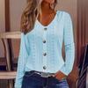 Autumn Solid Color Jacquard Hollow V-neck Button Long Sleeved T-Shirts Women’s