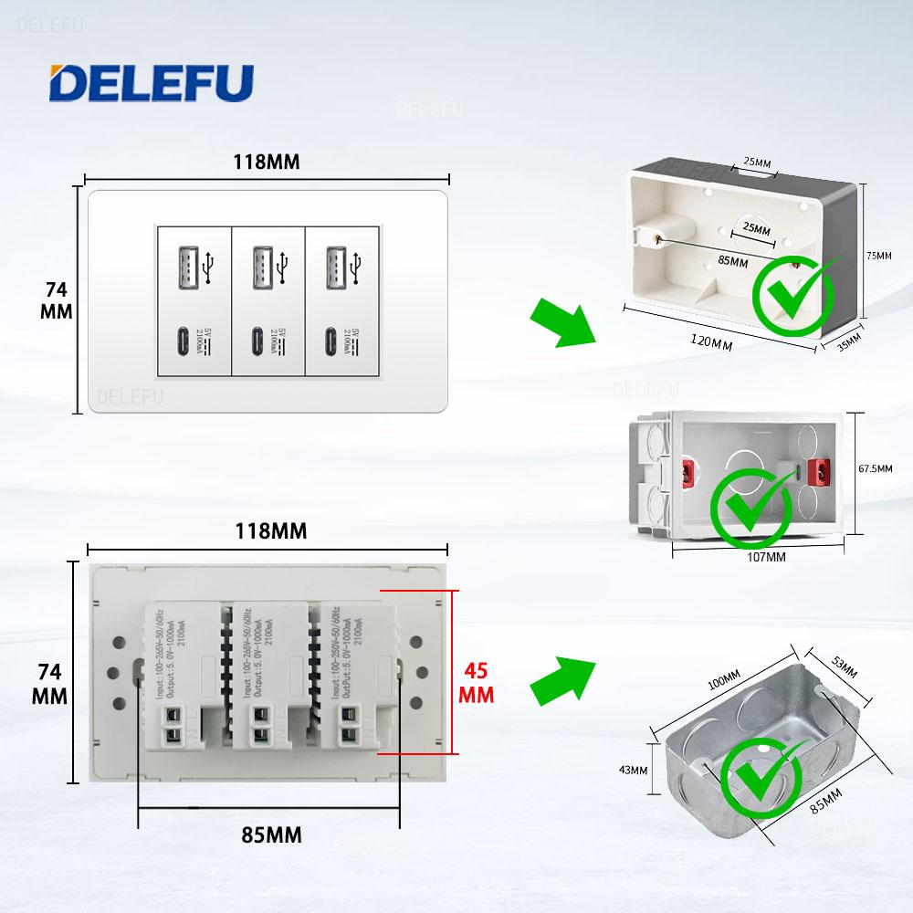 DELEFU 4*2 ПК Огнестойкая панель 6 Зарядных портов Тройной USB Type C Настенная вилка 118*74мм 2.1А 5В Розетка