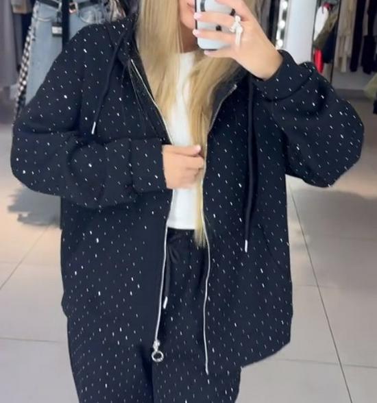 Европейский и Американский Комплект из Двух Предметов: Худи и Широкие Брюки - Женский Повседневный Осенне-Зимний Спортивный Костюм на Молнии с Полной Декорацией Стразами