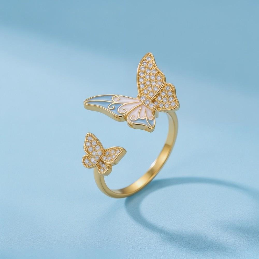 Enamel Butterfly Open Ring Elegant Finger Jewelry Sweet Butterfly Zircon Ring Girls