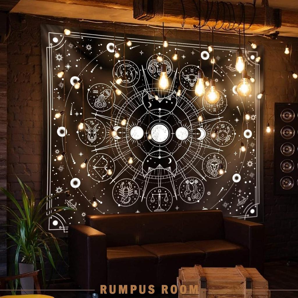 Гобелен со знаками Зодиака - Черно-белое созвездие для подвешивания на стену в спальне подростка, гостиной, общежитии (51x59 дюймов)