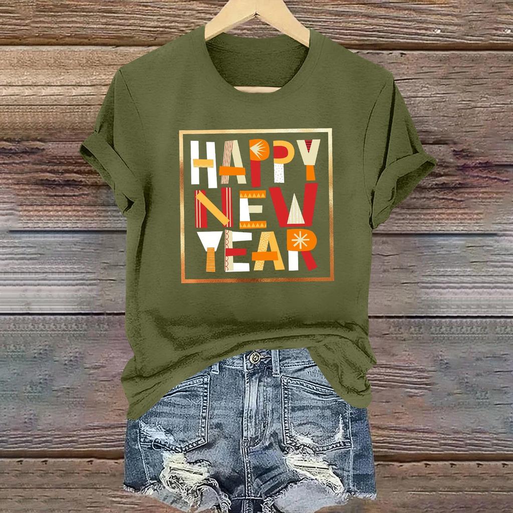 Ladies Casual 2025 New Year Printed Round Neck Short Sleeve T-Shirt Top