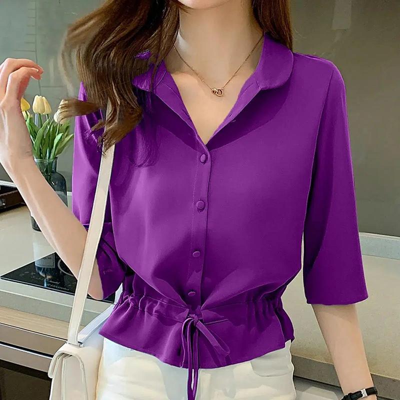 WTEMPO Spring Summer Women's Versatile Solid Color Turn-down Collar Half Sleeve Chiffon Shirts Casual Shirring Single-breasted Blouses
