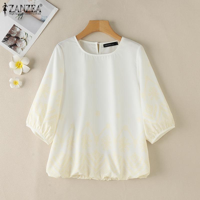 ZANZEA Женская повседневная блузка свободного кроя с круглым вырезом и рукавом 34