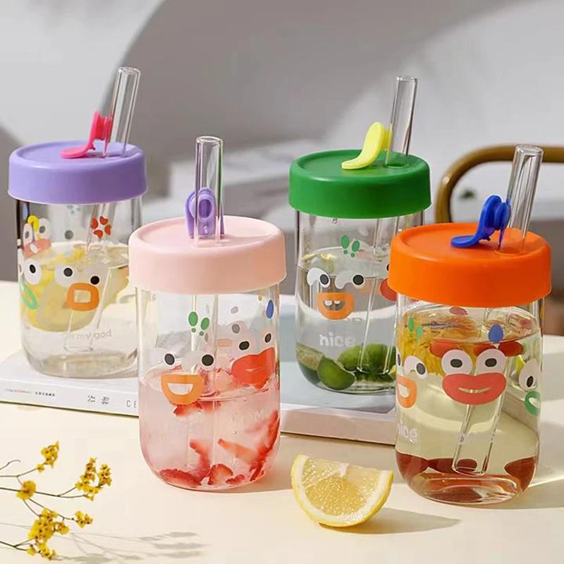 550ml Cute Kawaii Glasses With Lid and Straw Bubble Tea Cup Glass Cups For Coffee Mug Juice Can Milk Mocha Water Cup Drinkware